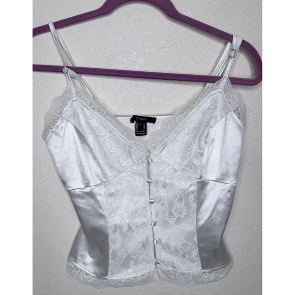 Forever 21 Tops - Satin Lace‎ Trim Camisole Top Womens M White Layering Whimsy Fairy Cami Romantic